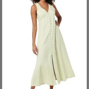 The Drop Maxi Dress Blanca Linen Button Front V-Neck Soft Green - Size XXS